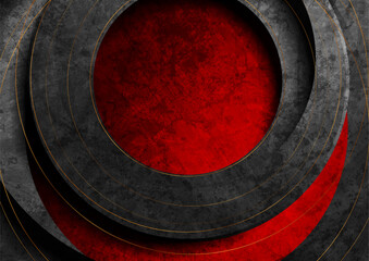 Black and red grunge circles abstract background with golden lines. Vector retro geometric graphic design