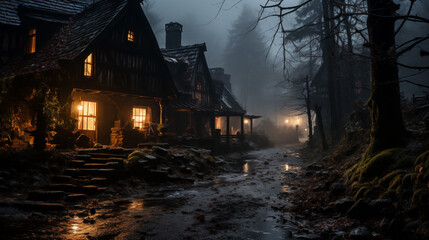 Abandoned wooden house in the forest. Generative AI