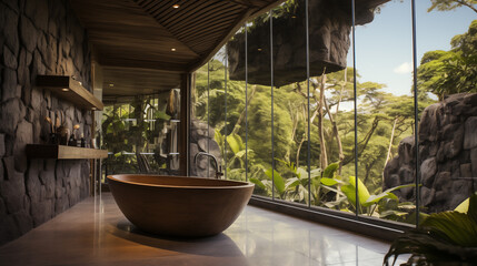 Fototapeta premium Bathroom design with panoramic window, natural materials, stone, wood, granite, plants, minimalism. Generative AI