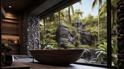 Obraz premium Bathroom design with panoramic window, natural materials, stone, wood, granite, plants, minimalism. Generative AI