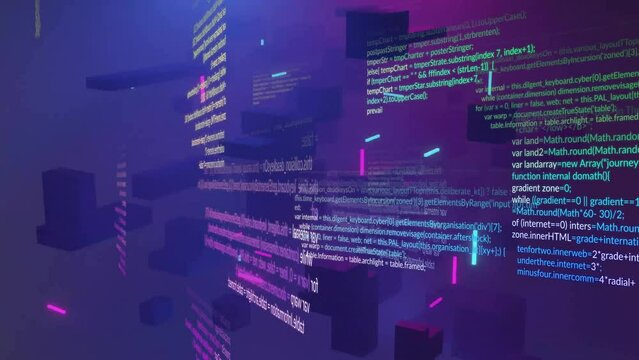 Animation of data processing over purple shapes