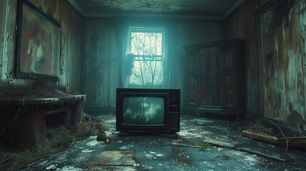 A Vintage Abandoned Room Reclaimed by Nature Over Decades. Eerie abandoned wallpaper. Spooky haunted backgrounds.