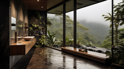 House apartment design with panoramic window, natural materials, stone, wood, granite, plants, minimalism. Generative AI