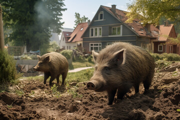 Wildschweine verwüsten in einer Stadt die Grünflächen, Wildschweine im Vorgarten - obrazy, fototapety, plakaty