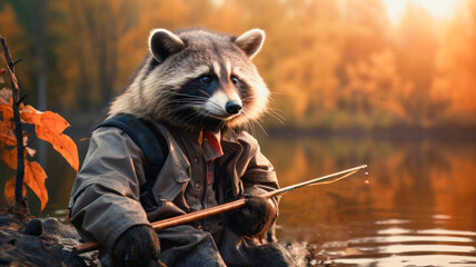 raccoon fishing with a fishing rod on the shore of the lake
