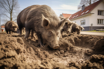 Wildschweine verwüsten in einer Stadt die Grünflächen, Wildschweine im Vorgarten - obrazy, fototapety, plakaty