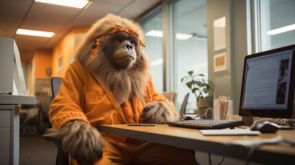 A monkey works in an office with a computer. Generative AI - obrazy, fototapety, plakaty