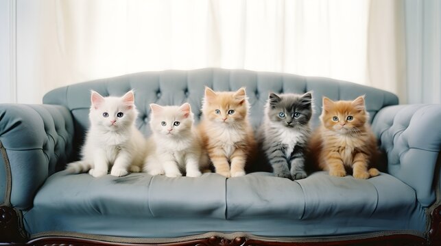 portrait photo of curious kittens on a row sitting on a couch generative ai