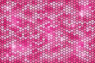 Abstract rectangular shiny background with pink heart shaped sequins. Bright holiday decor with metallic glitter for banner, invitation, advertisement, card, event, party, Valentine's day
