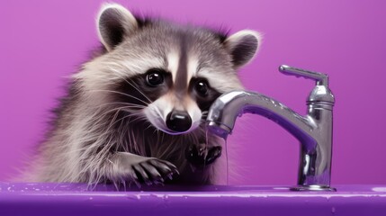 raccoon washes his paws under the tap with clean water
