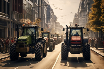 Bauern blockieren aus Protest die Straße mit ihren Traktoren, Demonstration der Landwirte - obrazy, fototapety, plakaty