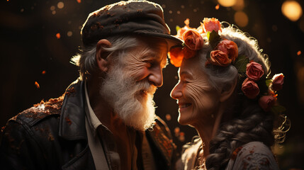 Portrait of an elderly happy couple in love, a man and a woman smiling joyfully. Generative AI