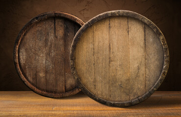 Wine casks at the winery. Stacked Wine barrels at the german winery. Old vintage whisky cask. old...