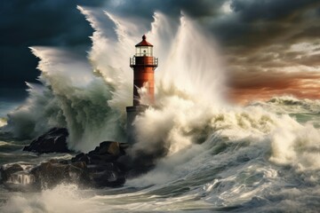 Fototapeta na wymiar Blustery Lighthouse storm winter. Ocean clouds. Generate Ai