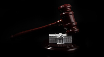 Miniature model of the US Presidential residence White House and judge's gavel on a black background