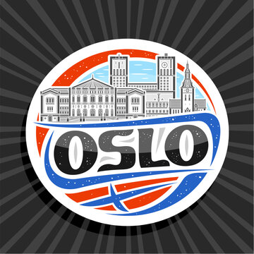 Vector logo for Oslo, white decorative label with line illustration of famous european oslo city scape on day sky background, art design refrigerator magnet with unique brush font for black text oslo
