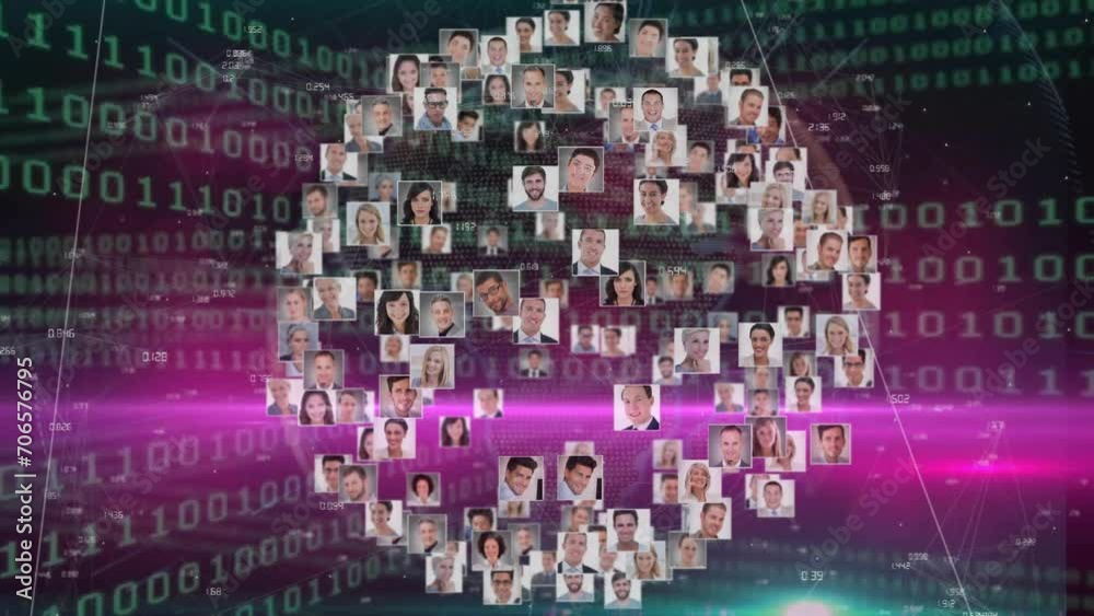 Poster animation of network of connections with business people over binary coding