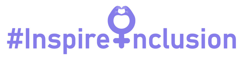 Inspire inclusion slogan for International Women's day. IWD 2024 campaign, purple hashtag with female symbol and heart gesture isolated on transparent background. Vector illustration