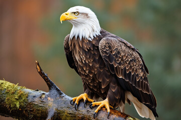 Fototapeta premium Bald eagle, Haliaeetus leucocephalus, isolated sitting on a wooden branch with nature background