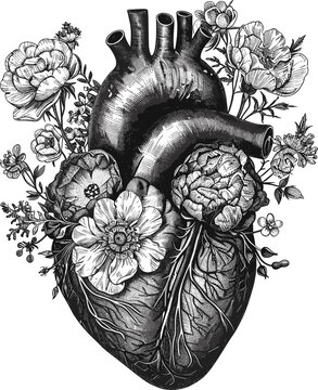 Black and white heart drawing with flowers, engraving, romanticism, anatomical heart, nature tattoo, highly detailed illustration, Valentine's Day