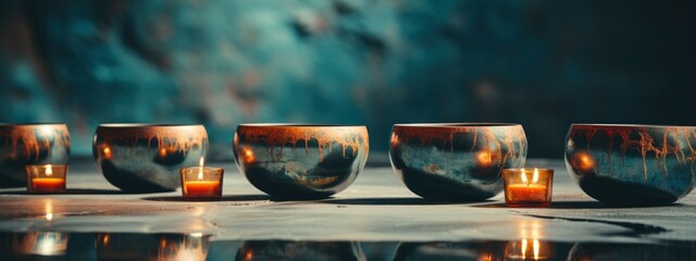 Sound healing concept. Singing bowls on blurred background. mental health, therapy, healing frequencies,  wellness, meditation style.