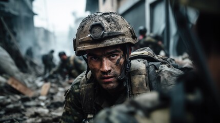 Obraz premium Dirty soldier from rescue team after the earthquake in helmet and army uniform searching through destroyed city and streets after earthquake or war rocket strike with emergency victims