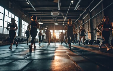 A group of enthusiastic individuals gathers in a gym, embodying the concepts of an active lifestyle and dedication to sport in a vibrant fitness club setting.