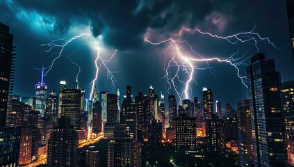 Night city view with bright lightning in the sky, buildings illuminated.