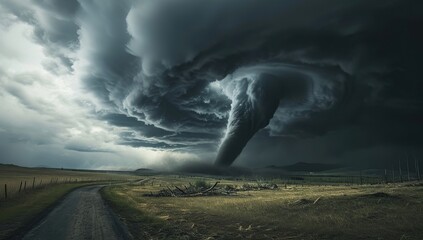 A powerful tornado against storm clouds over rural land, the threat of natural disasters. The concept of the power of nature and the danger of tornadoes.