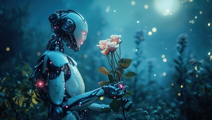 A robot tenderly holding roses, standing amidst a night garden bathed in moonlight. The concept of artificial intelligence recognizing and appreciating natural beauty. - obrazy, fototapety, plakaty