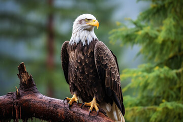 Bald eagle, Haliaeetus leucocephalus, isolated sitting on a wooden branch with nature background