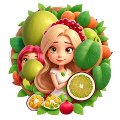 Fototapeta na wymiar Illustration of beautiful woman in fruit frame
