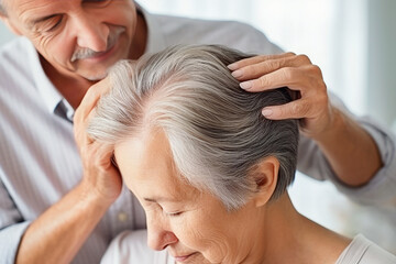 Naklejka premium portrait of an elderly couple , in which the husband carefully massages his wife 's head in a bright room