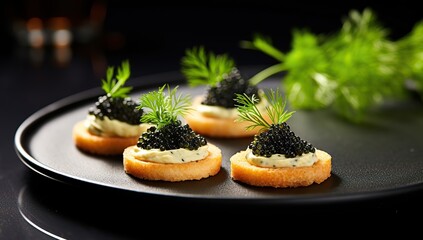 Cookie with black caviar and cream on a dark plate. The concept of haute cuisine and elegance - obrazy, fototapety, plakaty
