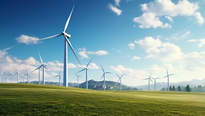 Wind turbines on a green hilly landscape under a clear sky. The concept of renewable energy and sustainable development.