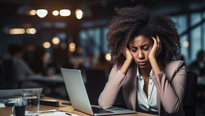 Young African American woman with a pained expression holding her head, sitting at a computer in an office. The concept of stress and overwork.