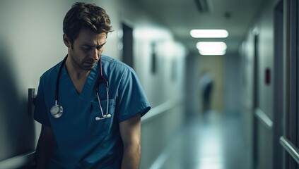 A male doctor in a blue medical coat with a sad expression walks through a hospital corridor. The concept of seriousness and stress in the medical field. - obrazy, fototapety, plakaty