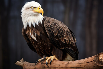 Obraz premium Bald eagle, Haliaeetus leucocephalus, isolated sitting on a wooden branch with nature background