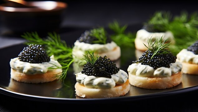 Set of snacks with black caviar on a black plate. The concept of a refined appetizer and elegance.