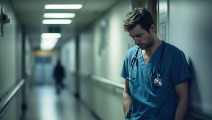 A young Caucasian man in a medical blue uniform bows his head in a hospital corridor. The concept of professional burnout in the medical field. - obrazy, fototapety, plakaty