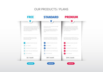 Function features list cards for free standard and premium product or service