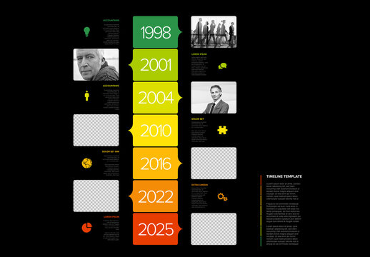 Simple vertical dark green red timeline process infographic with big year and photo placeholders