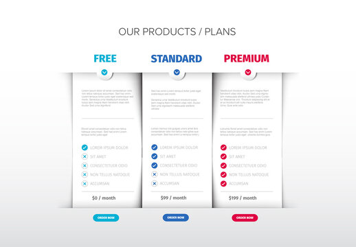 Function features list cards for free standard and premium product or service