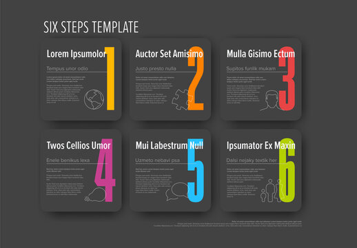 Dark progress six steps template with big numbers, descriptions and icons on rounded gray blocks