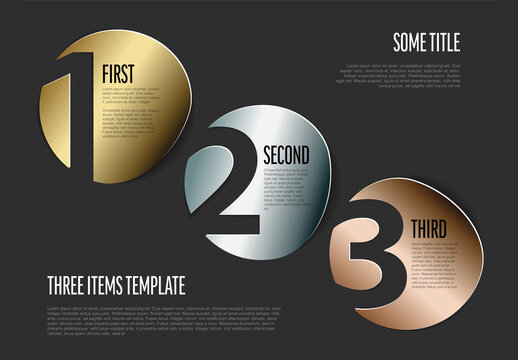 Simple dark metallic three items infographic template - golden silver and bronze