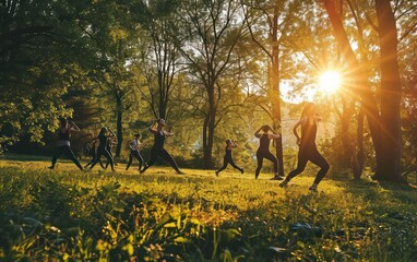 Obraz na płótnie Canvas A sizable gathering of fit and active individuals engage in outdoor exercise amidst nature, partaking in stretching exercises to enhance their physical well-being 