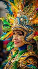 Naklejka premium Dazzling Oruro carnival young pretty woman participant in a beautiful costume