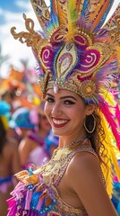 Dazzling Tenerife carnival young pretty woman participant in a beautiful costume