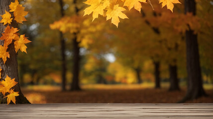 Naklejka na ściany i meble Empty wooden table in front of blurred autumn foliage background with copy space