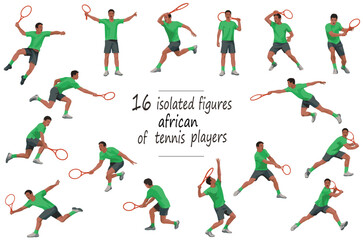 16 figures of Nigerian tennis players in blue sports equipment serving, receiving, hitting the ball, standing, jumping and running